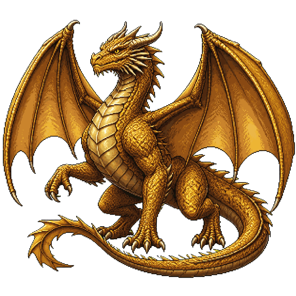 Static high-resolution pixel-art portrait of Adult Brass Dragon.